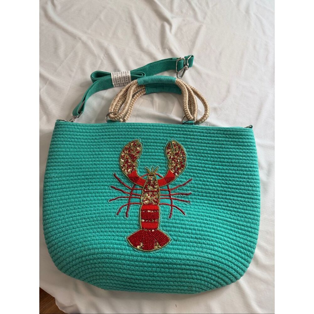 NWT America & Beyond Lobster Embellished Teal Jute Tote Bag New